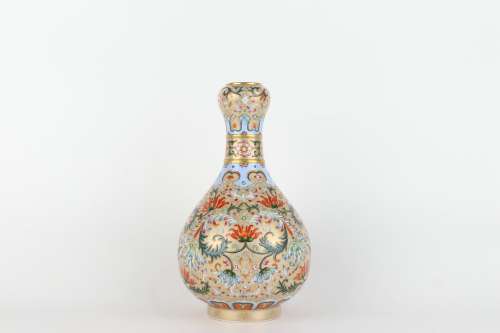 Enameled Garlic-shaped Vase with Flower and Gold-traced Desi...