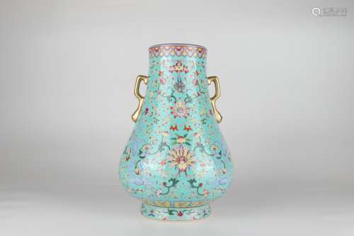 Famille Rose Zun-vase with Gold-traced Design and Floral Pat...