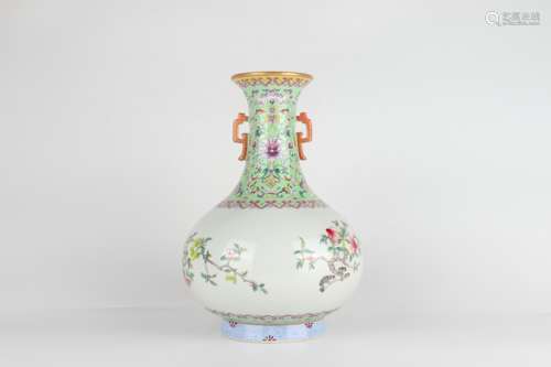 Famille Rose Two Ears Vase with gold-traced Design and Sandu...