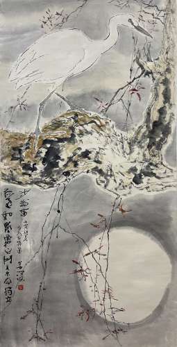 Pine Tree and Egret, Hanging Scroll, Yang Shanshen