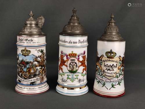 Three craftsmen's jugs, one with inscription "Long...