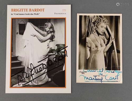 2 Autographs, Bardot and Carol, signed vintage glo…