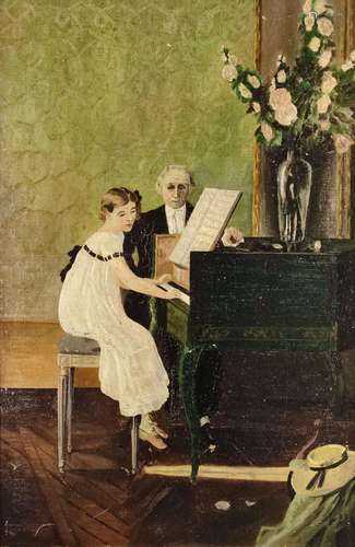 Artist of the 19th century, "Piano lesson", girl s...