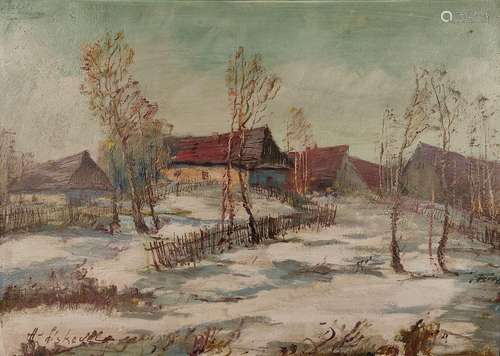 Czech artist (20th century) "Snowy village", oil o...