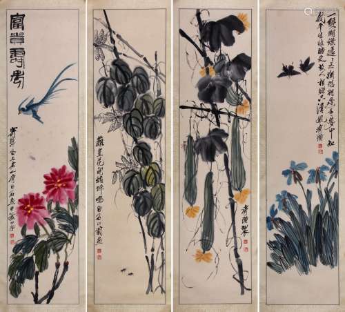 A CHINESE FOUR PIECES PAINTING OF FLOWER AND BIRD, QIBAISHI ...