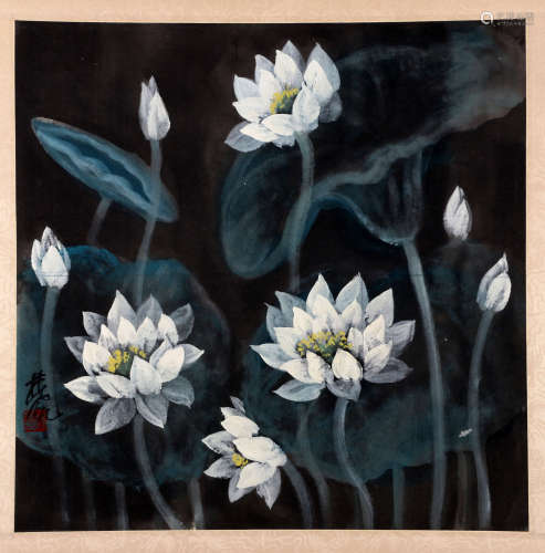 A CHINESE LOTUS PAINTING LIN FENG MIAN MARK