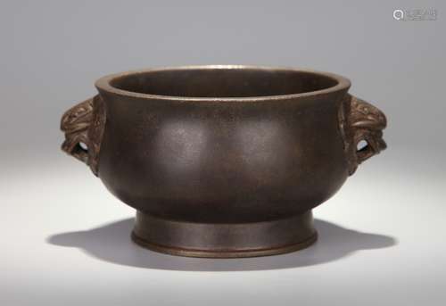 A BRONZE DOUBLE BEAST-EARED CENSER