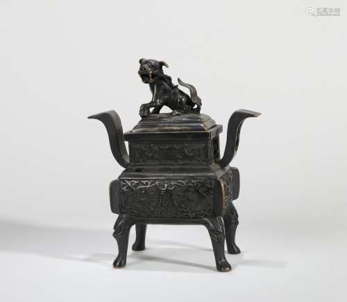 A BRONZE BRONZE CRESTED EARED LION PERFUME CENSER