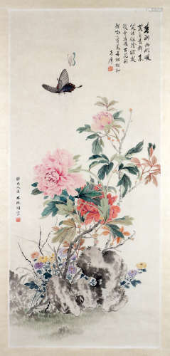 A CHINESE BUTTERFLY AND FLOWER PAINTING, LINHUIYIN MARK