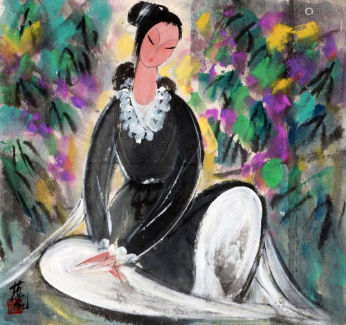 A CHINESE WOMAN FIGURE PAINTING, LIN FENG MIAN MARK