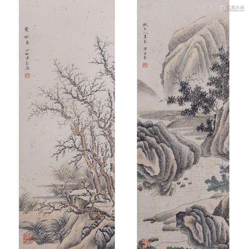 TWO CHINESE SCROLL PAINTINGS OF LANDSCAPE BY CHEN SHAOMEI