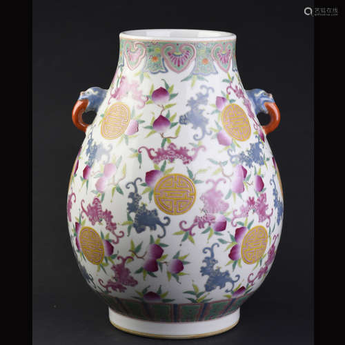 A CHINESE FAMILLE ROSE PORCELAIN BINAURAL VASE