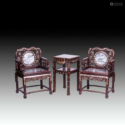 CHINESE MARBLE AND MOTHER-OF-PEARL INLAID HONGMU CHAIRS AND ...