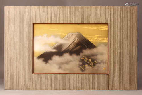 A GOLD-INLAID CARVED 'FUJIYAMA' SILVER PLAQUE