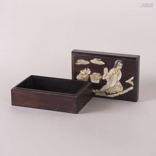 A CHINESE MOTHER-OF-PEARL INLAID WOOD BOX WITH COVER