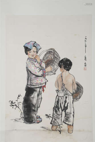 A Figure Painting on Paper by Liu Wenxi.
