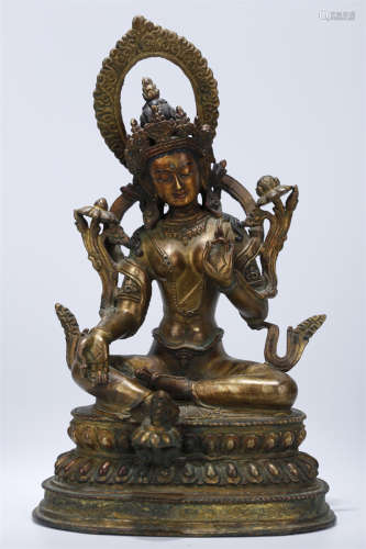 A Gilt Copper Green Tara Buddha Statue.