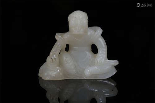 A Hetian Jade Subduing-Tiger Arhat Statue.