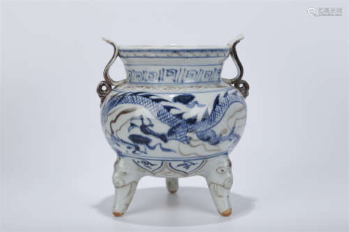 A Blue-and-White Tripod Porcelain Censer.