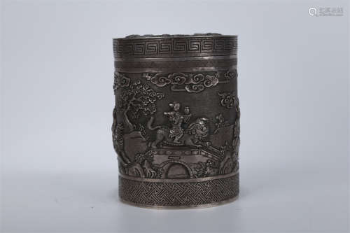A Silver Tea Caddy with Figure Story Design.
