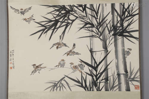 A Sparrows Painting on Paper by Xu Beihong.