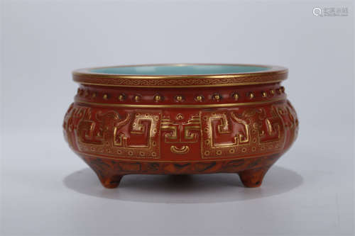 A Coral Red Glazed Tripod Porcelain Censer.