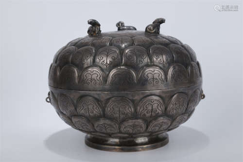A Silver Lidded Box with Three Sheep Design.