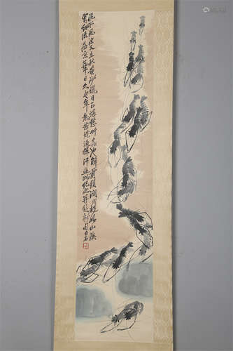 A Prawns Painting on Paper by Qi Baishi.