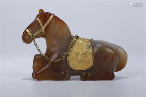 An Agate Lying Horse Carving Ornament.