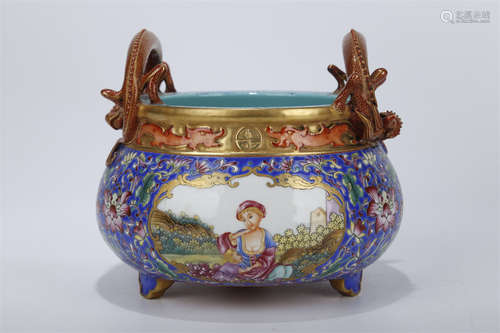 A Rose Porcelain Censer, Blue Base.