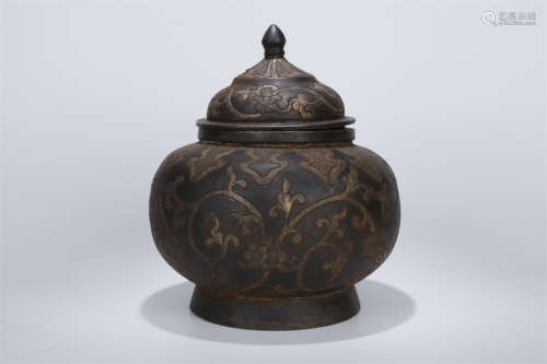 A Cast Iron Jar with Gold and Silver Inlay.