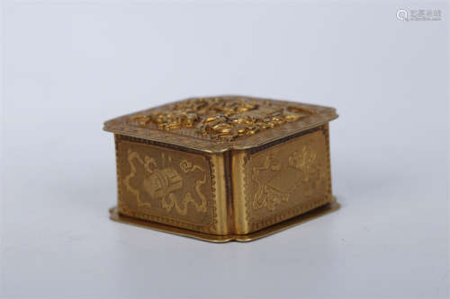 A Gilt Copper Lidded Box with Figure Design.