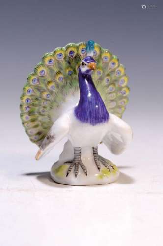 miniature-figurine, Meissen, 20th c., peacock with wheel