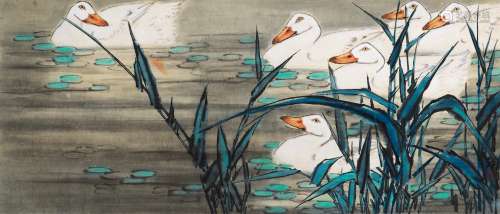 萧朗（1917～2010） 1982年作 白鸭 立轴 设色纸本