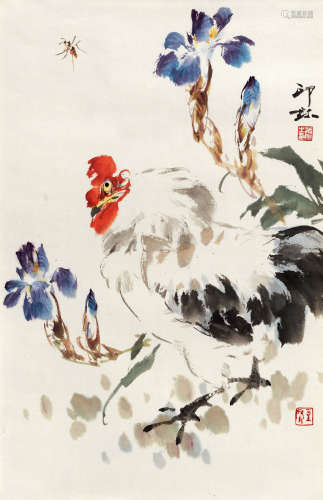萧朗（1917～2010） 1990年作 鸢尾公鸡 镜心 设色纸本