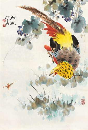萧朗（1917～2010） 1986年作 葡萄锦鸡草虫 镜心 设色纸本