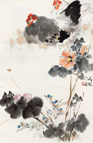萧朗（1917～2010） 1980年作 蜀葵双鸡图 立轴 设色纸本