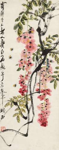 齐白石（1864-1957） 紫藤蜜蜂图 立轴 设色纸本