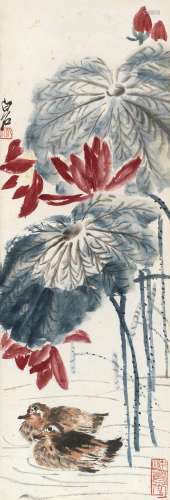 齐白石（1864-1957） 荷花鸳鸯 镜框 设色纸本