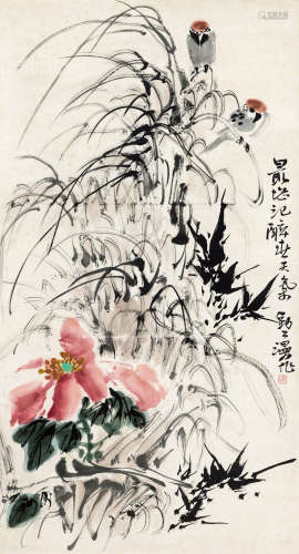 李苦禅（1899～1983） 花卉小雀 立轴 设色纸本