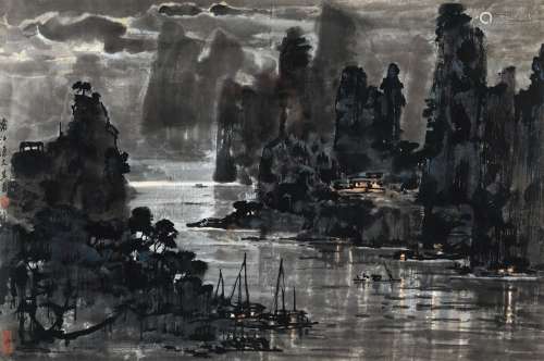 宗其香（1917～1999） 漓江渔火 镜框 设色纸本