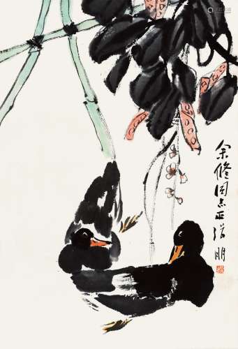 张朋（1918～2009） 鸭戏图 立轴 设色纸本