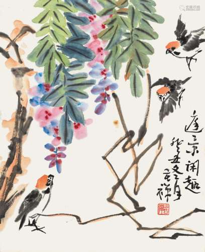 李苦禅（1899～1983） 1973年作 庭景闲趣 立轴 设色纸本