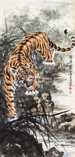 胡爽盦（1916～1988） 虎啸图 立轴 设色纸本