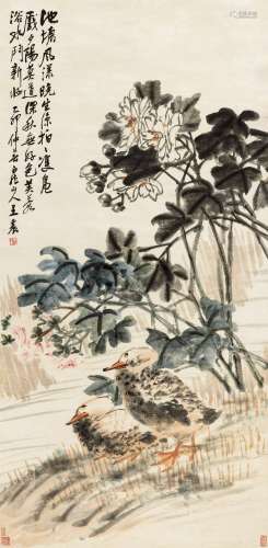 王 震（1867～1938） 1915年作 芙蓉双凫 立轴 设色纸本