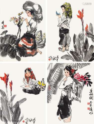 王明明（b.1952） 赏花图 （四帧） 镜心 设色纸本