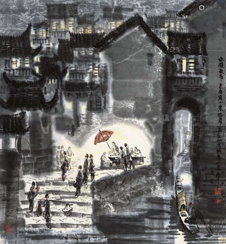 徐希（1940～2015） 1981年作 水镇夜市 立轴 设色纸本