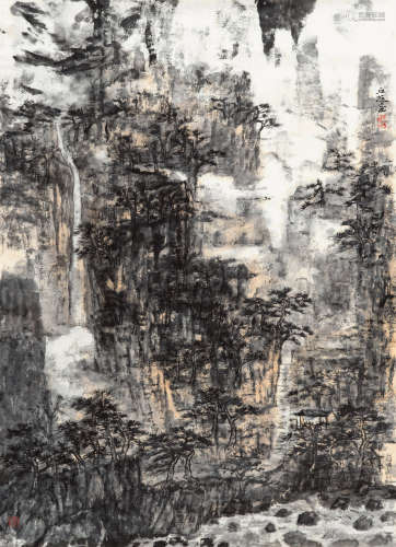 丘挺（b.1971） 松林涧瀑 镜心 设色纸本