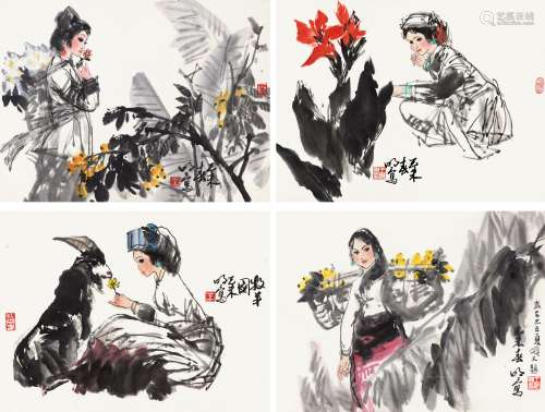 王明明（b.1952） 1979年作 少女图 （四帧） 镜心 设色纸本