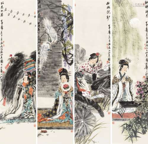 冯  远（b.1952） 2004年作 四美人物四屏 镜框 设色纸本